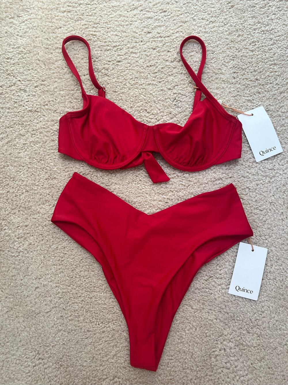 NEW Quince Cherry Red Bikini Set Swimsuit Underwire Top Cheeky V Bot Italian S